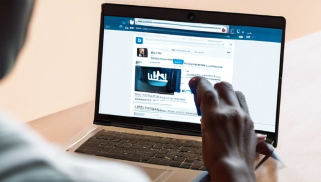 A person typing on a laptop with a LinkedIn profile on the screen