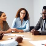 A diverse group of people in a meeting, representing different genders, races, and ages