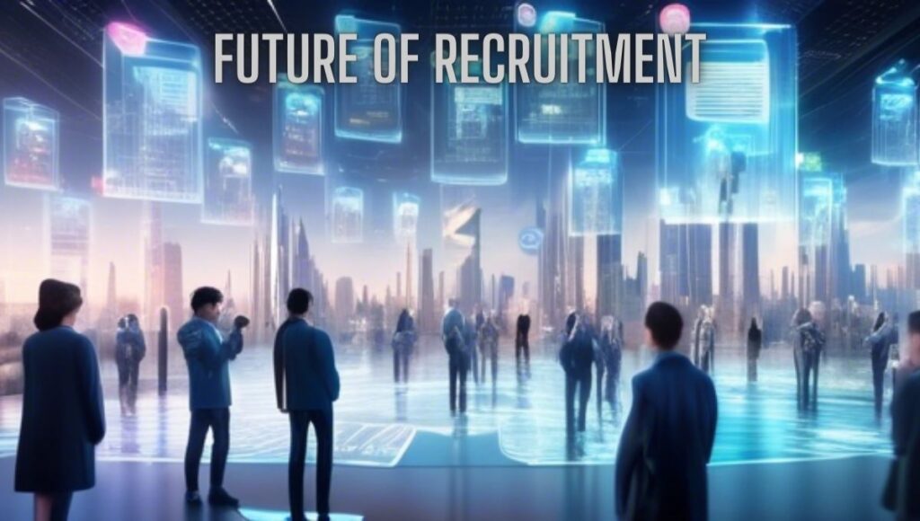 A futuristic cityscape with holographic images of people and job listings